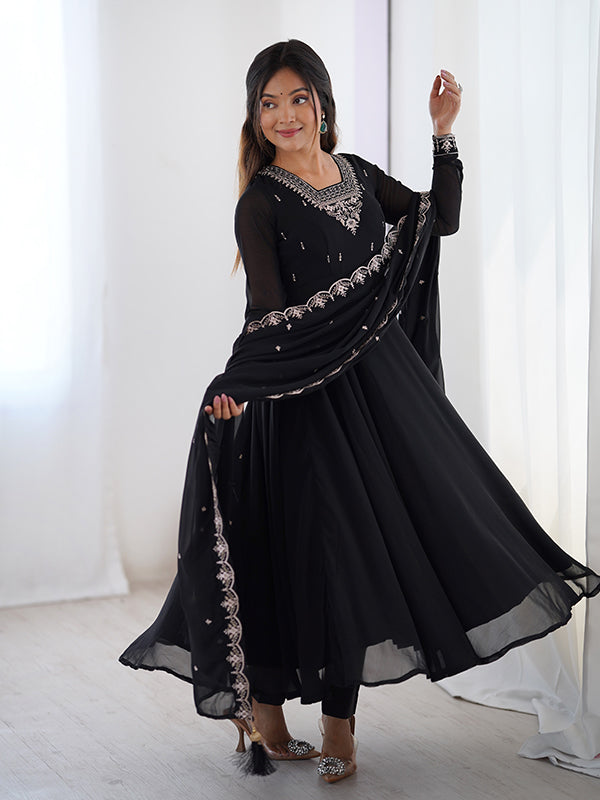 Black Georgette Anarkali Gown With Pant & Dupatta Set