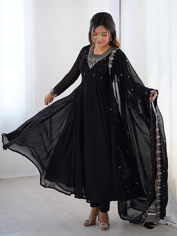 Black Georgette Anarkali Gown With Pant & Dupatta Set