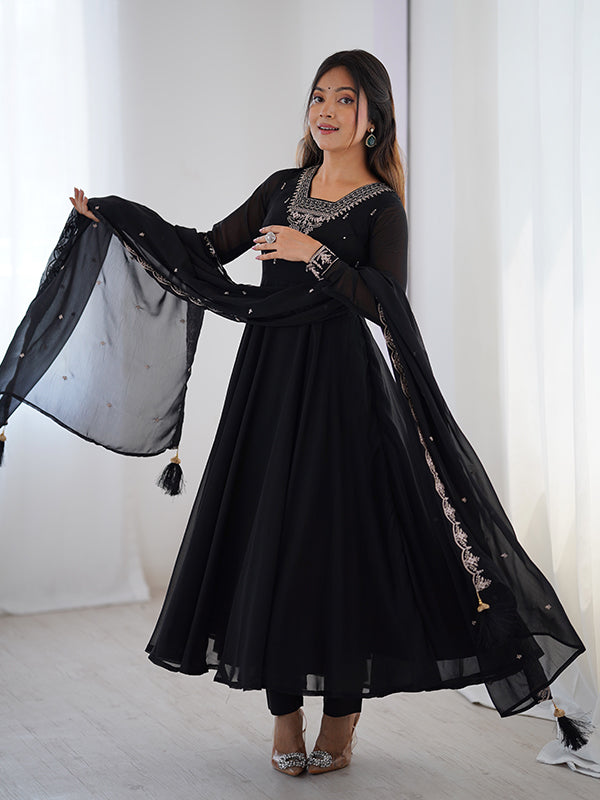 Black Georgette Anarkali Gown With Pant & Dupatta Set