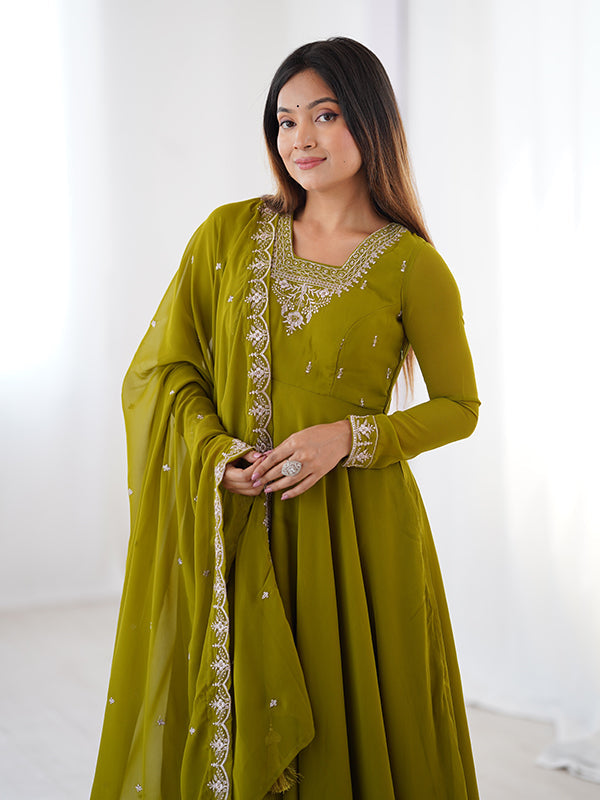 Mahendi Georgette Anarkali Gown With Pant & Dupatta Set