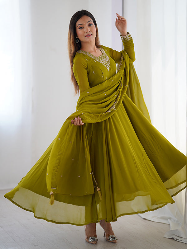 Mahendi Georgette Anarkali Gown With Pant & Dupatta Set