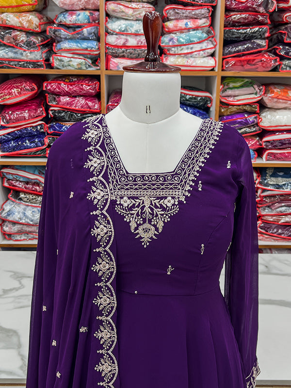 Purple Georgette Anarkali Gown With Pant & Dupatta Set