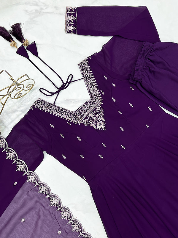 Purple Georgette Anarkali Gown With Pant & Dupatta Set