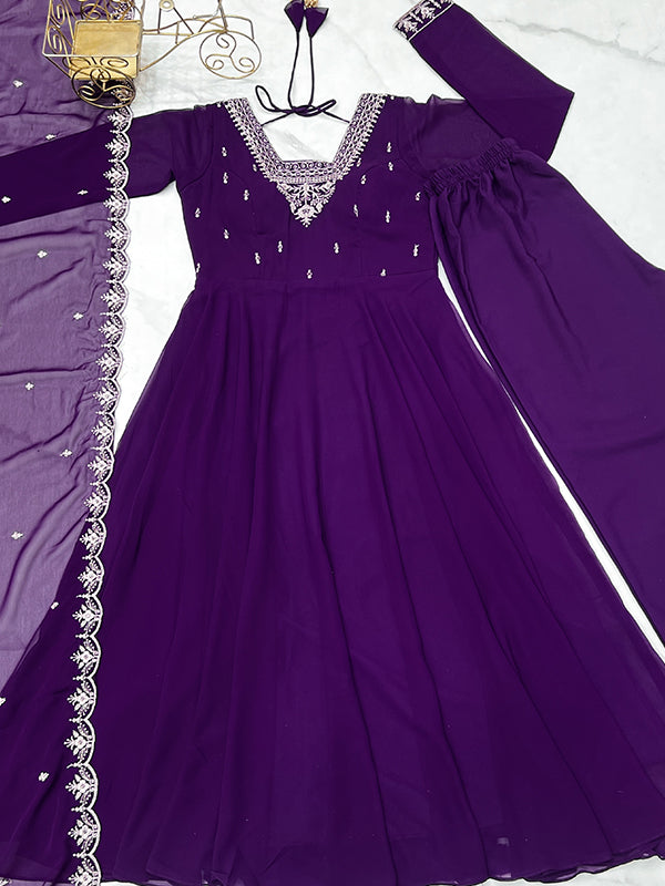 Purple Georgette Anarkali Gown With Pant & Dupatta Set