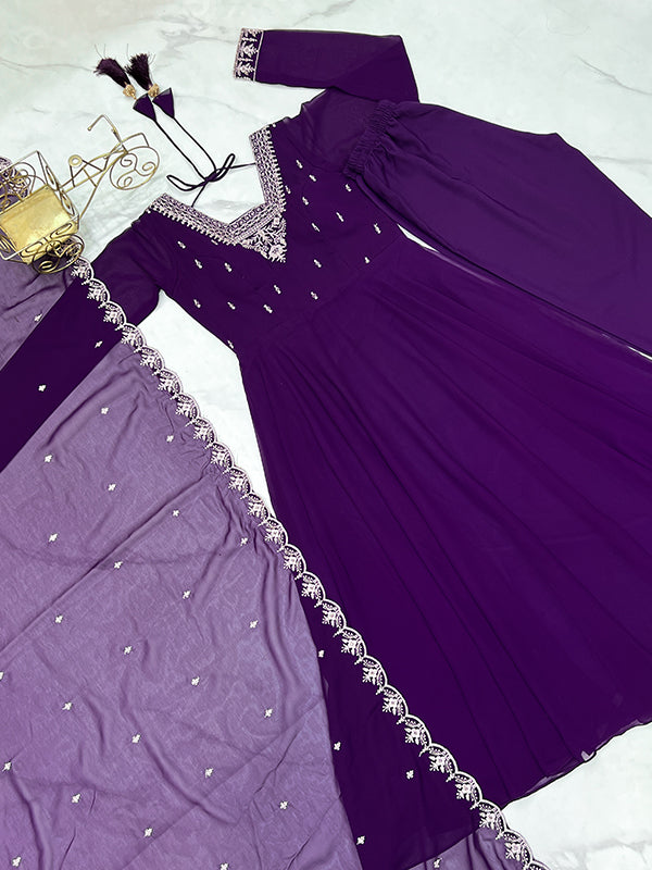 Purple Georgette Anarkali Gown With Pant & Dupatta Set