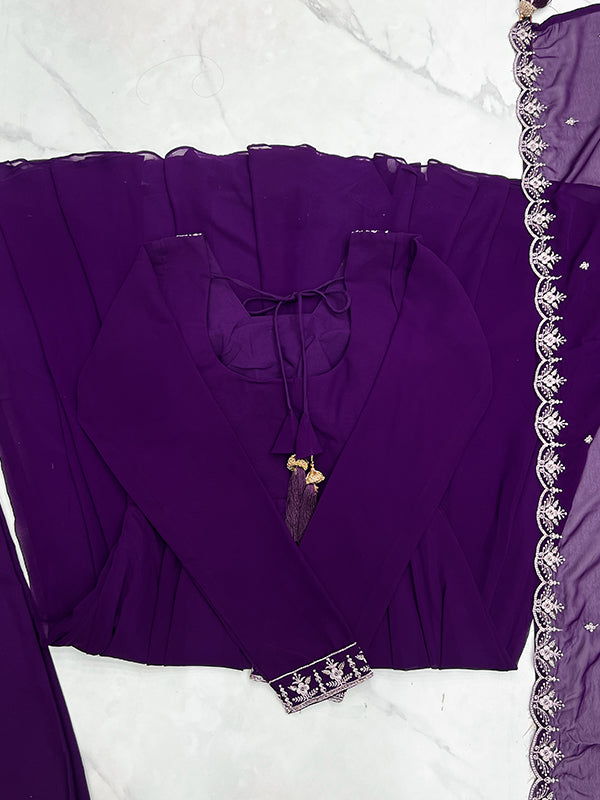 Purple Georgette Anarkali Gown With Pant & Dupatta Set