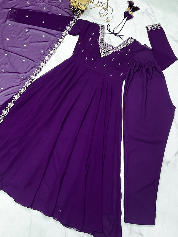 Purple Georgette Anarkali Gown With Pant & Dupatta Set