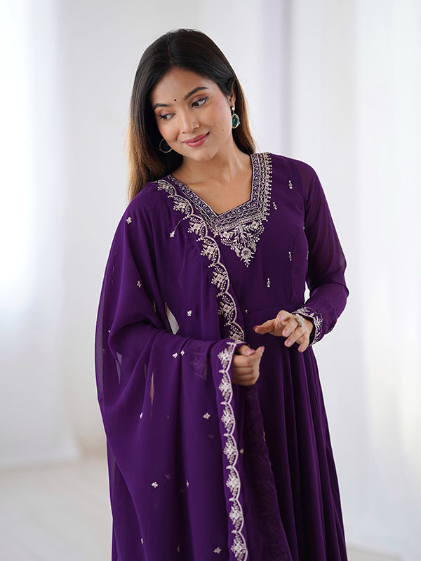 Purple Georgette Anarkali Gown With Pant & Dupatta Set