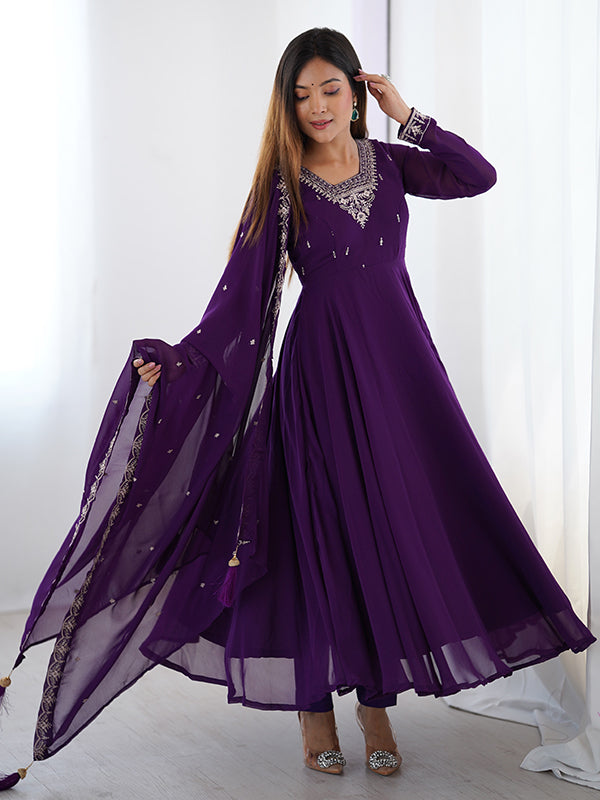 Purple Georgette Anarkali Gown With Pant & Dupatta Set