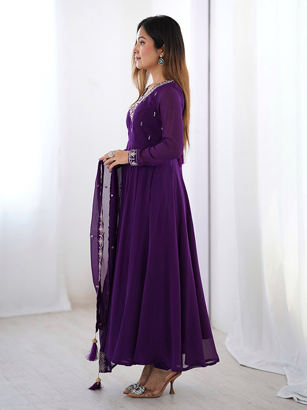 Purple Georgette Anarkali Gown With Pant & Dupatta Set