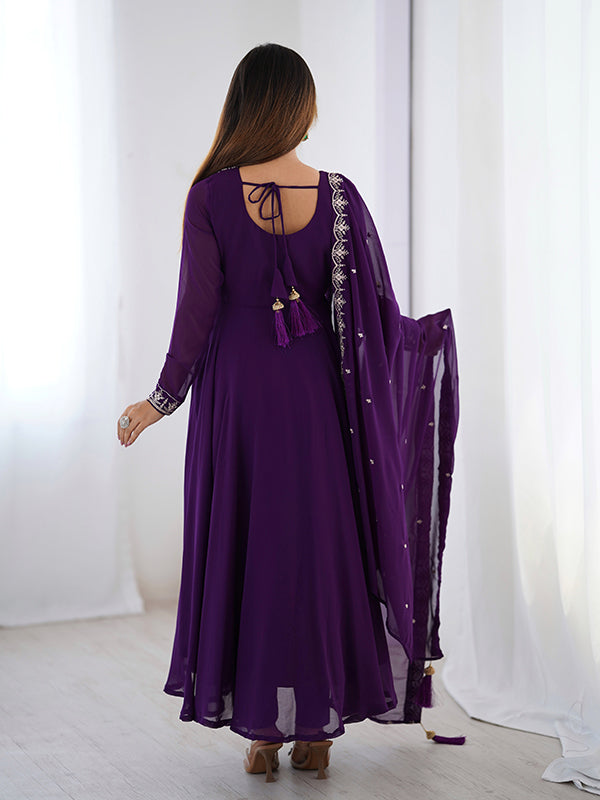 Purple Georgette Anarkali Gown With Pant & Dupatta Set