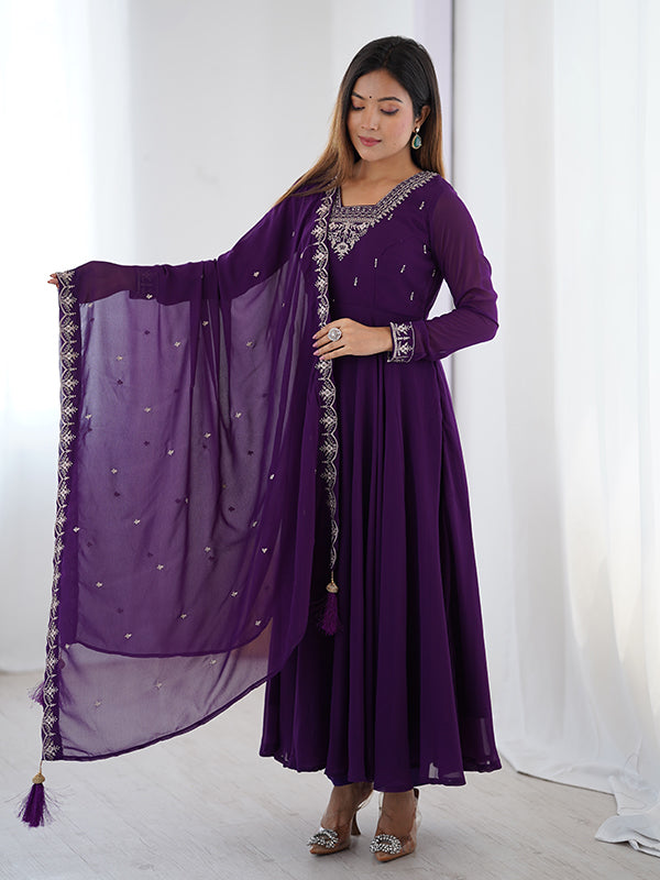 Purple Georgette Anarkali Gown With Pant & Dupatta Set