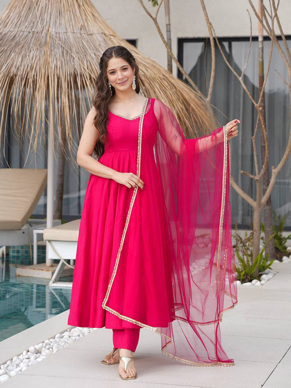 Pink Roman Chanderi Silk Fully Flair Anarkali Gown With Dupatta