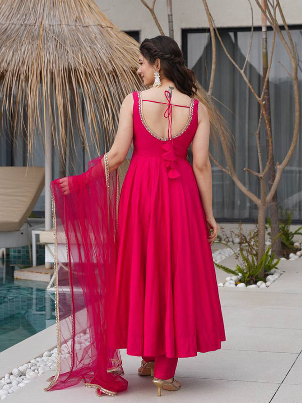 Pink Roman Chanderi Silk Fully Flair Anarkali Gown With Dupatta