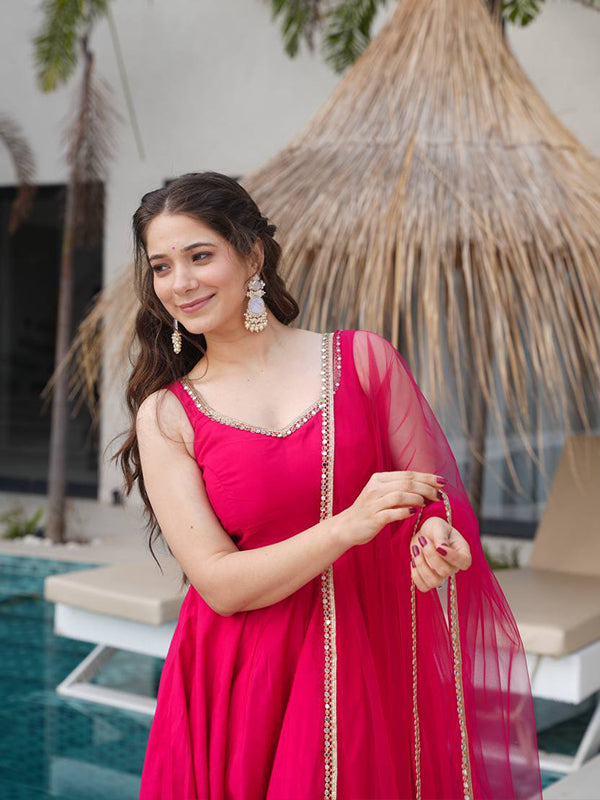 Pink Roman Chanderi Silk Fully Flair Anarkali Gown With Dupatta
