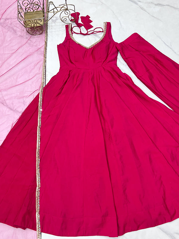 Pink Roman Chanderi Silk Fully Flair Anarkali Gown With Dupatta