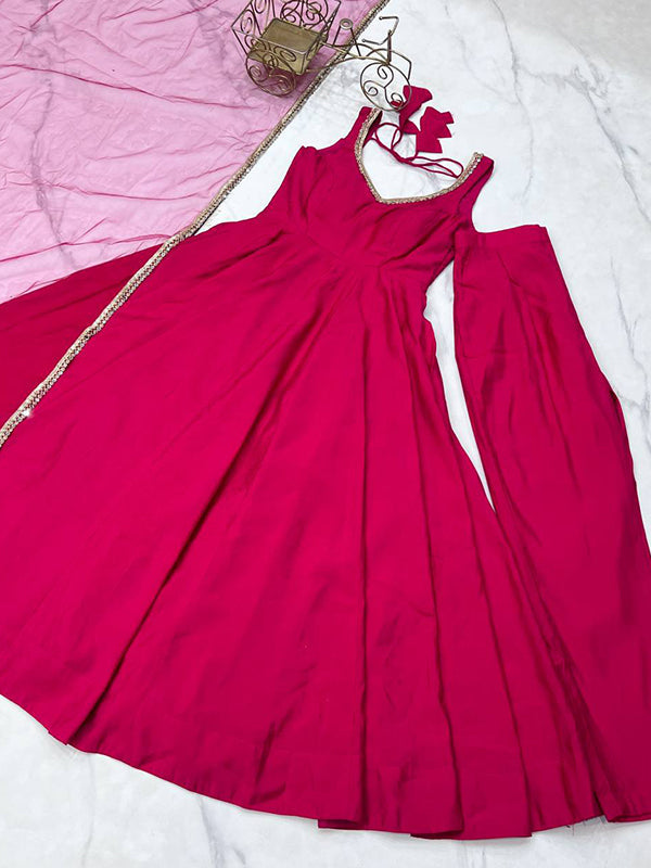 Pink Roman Chanderi Silk Fully Flair Anarkali Gown With Dupatta