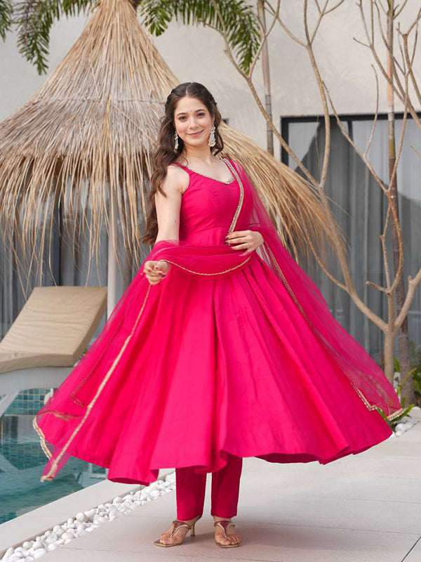 Pink Roman Chanderi Silk Fully Flair Anarkali Gown With Dupatta
