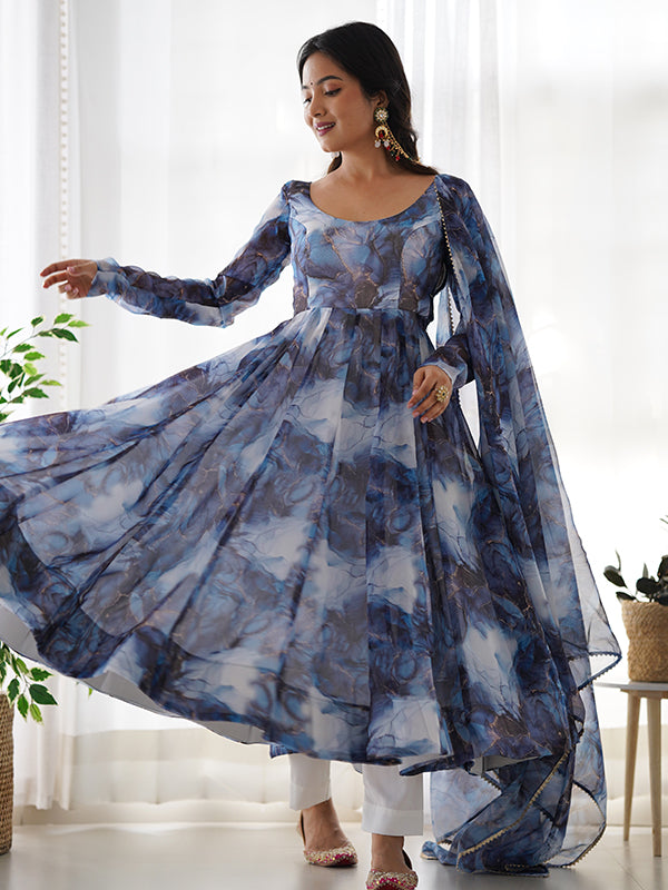 Marble Print Navy Blue Organza Silk Anarkali Gown With Pant & Dupatta Set