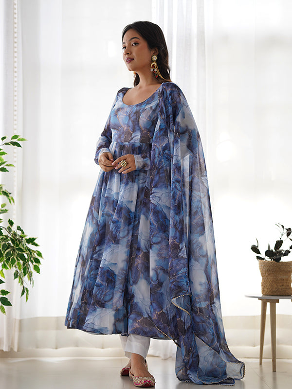 Marble Print Navy Blue Organza Silk Anarkali Gown With Pant & Dupatta Set