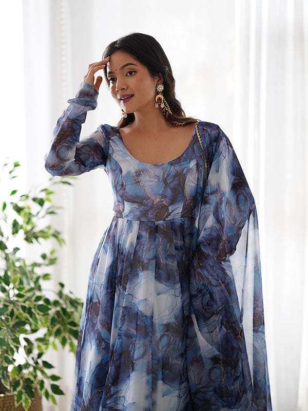 Marble Print Navy Blue Organza Silk Anarkali Gown With Pant & Dupatta Set
