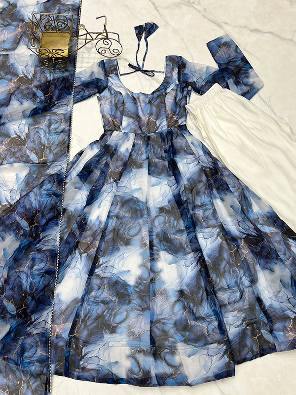 Marble Print Navy Blue Organza Silk Anarkali Gown With Pant & Dupatta Set