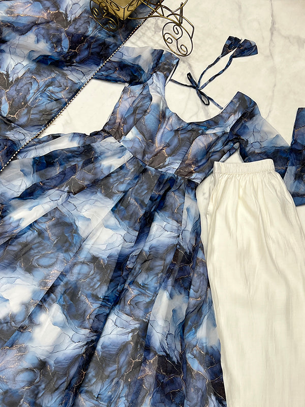Marble Print Navy Blue Organza Silk Anarkali Gown With Pant & Dupatta Set