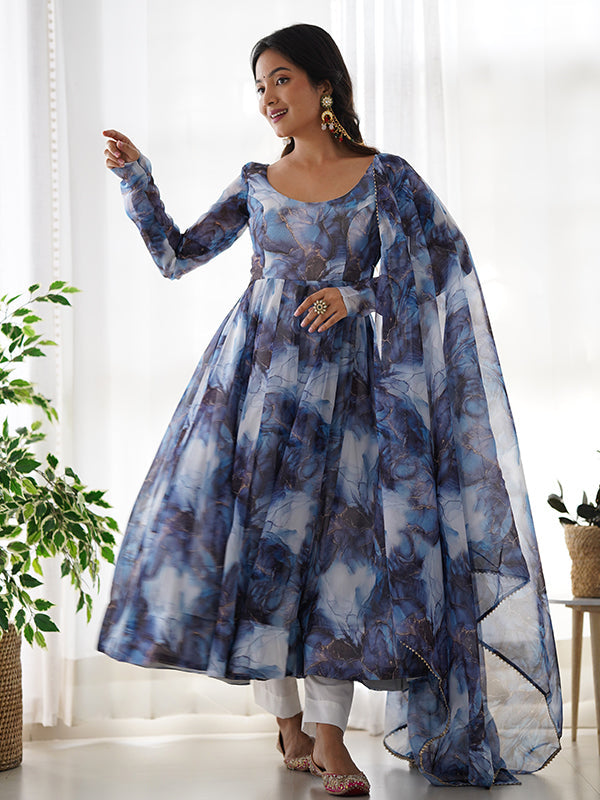 Marble Print Navy Blue Organza Silk Anarkali Gown With Pant & Dupatta Set