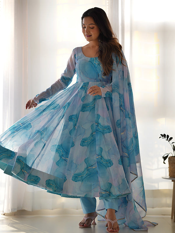 Marble Print Sky Blue Organza Silk Anarkali Gown With Pant & Dupatta Set