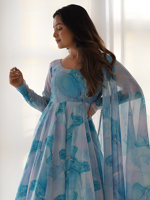 Marble Print Sky Blue Organza Silk Anarkali Gown With Pant & Dupatta Set