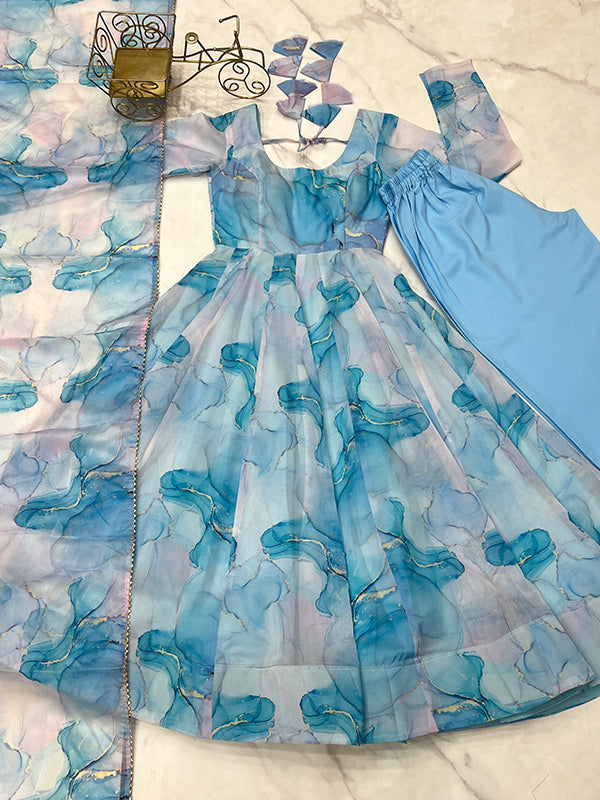 Marble Print Sky Blue Organza Silk Anarkali Gown With Pant & Dupatta Set