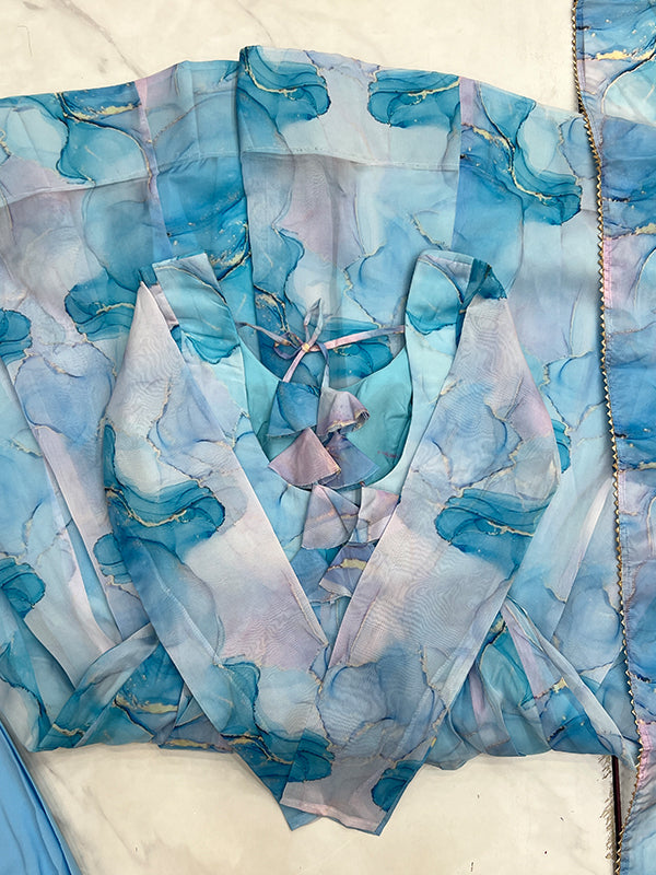 Marble Print Sky Blue Organza Silk Anarkali Gown With Pant & Dupatta Set