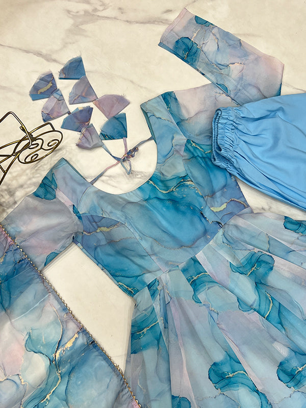 Marble Print Sky Blue Organza Silk Anarkali Gown With Pant & Dupatta Set
