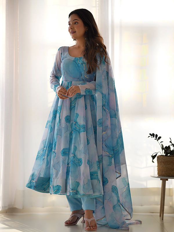 Marble Print Sky Blue Organza Silk Anarkali Gown With Pant & Dupatta Set