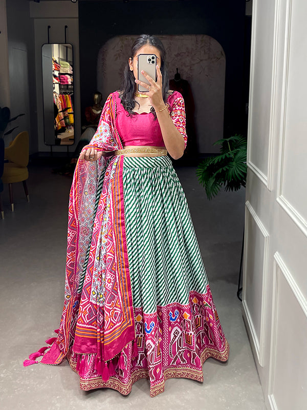 Green Chinon Silk Leheriya Print Lehenga Choli With Dupatta