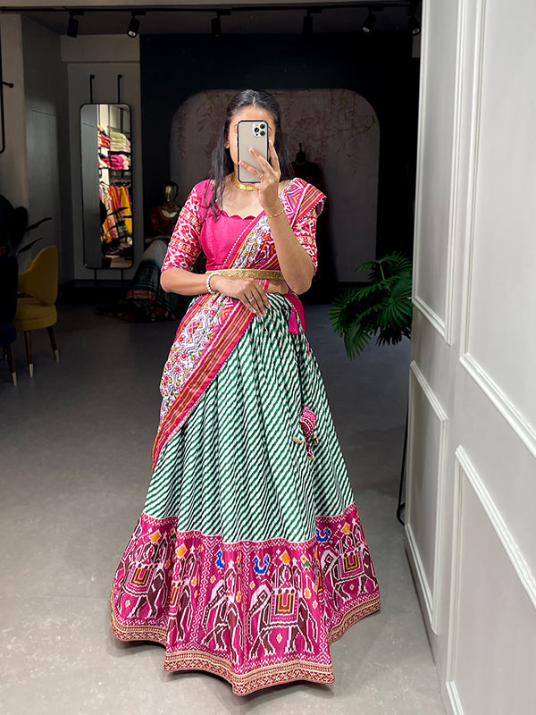 Green Chinon Silk Leheriya Print Lehenga Choli With Dupatta