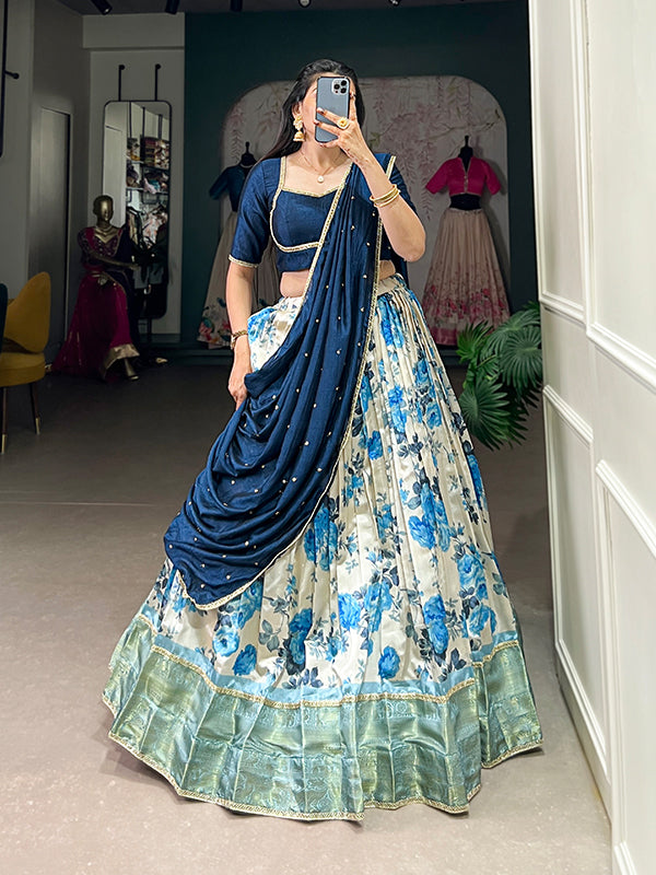 Navy Blue Floral Dola Silk Lehenga Choli With Dupatta