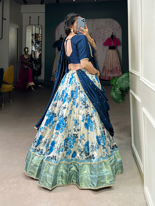 Navy Blue Floral Dola Silk Lehenga Choli With Dupatta