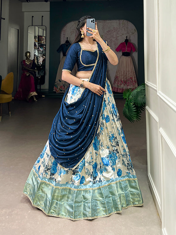 Navy Blue Floral Dola Silk Lehenga Choli With Dupatta