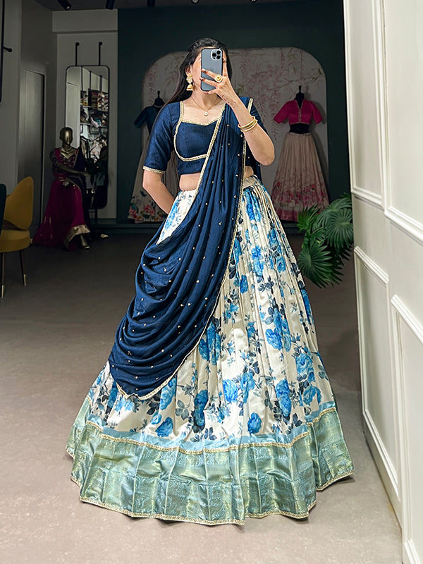 Navy Blue Floral Dola Silk Lehenga Choli With Dupatta