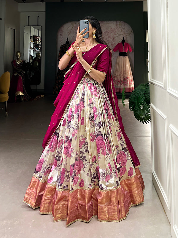 Pink Floral Dola Silk Lehenga Choli With Dupatta