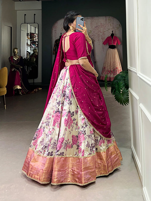 Pink Floral Dola Silk Lehenga Choli With Dupatta