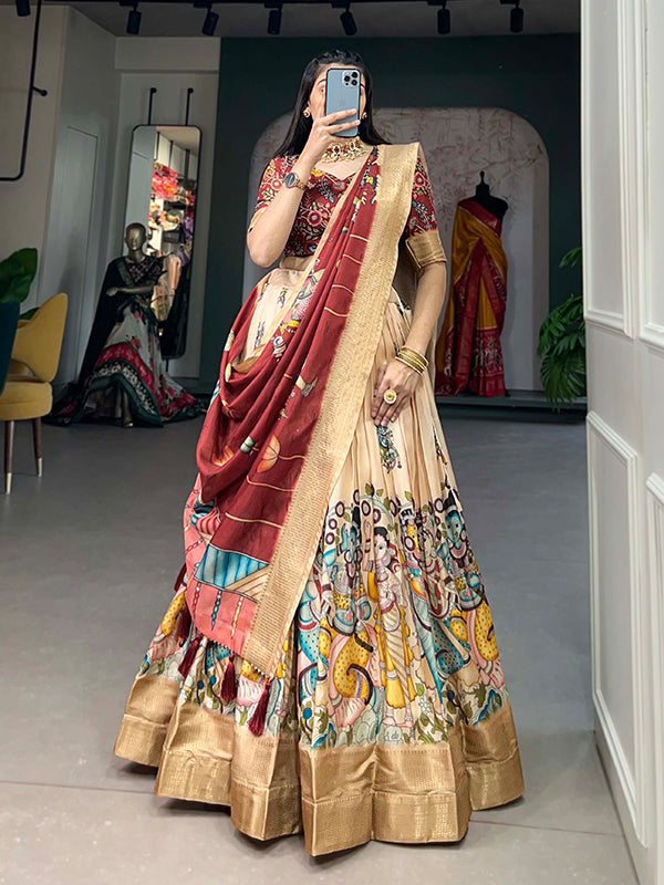 Cream Kalamkari Print Silk Lehenga Choli With Dupatta