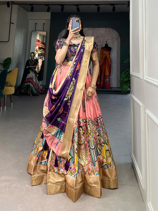 Peach Kalamkari Print Silk Lehenga Choli With Dupatta