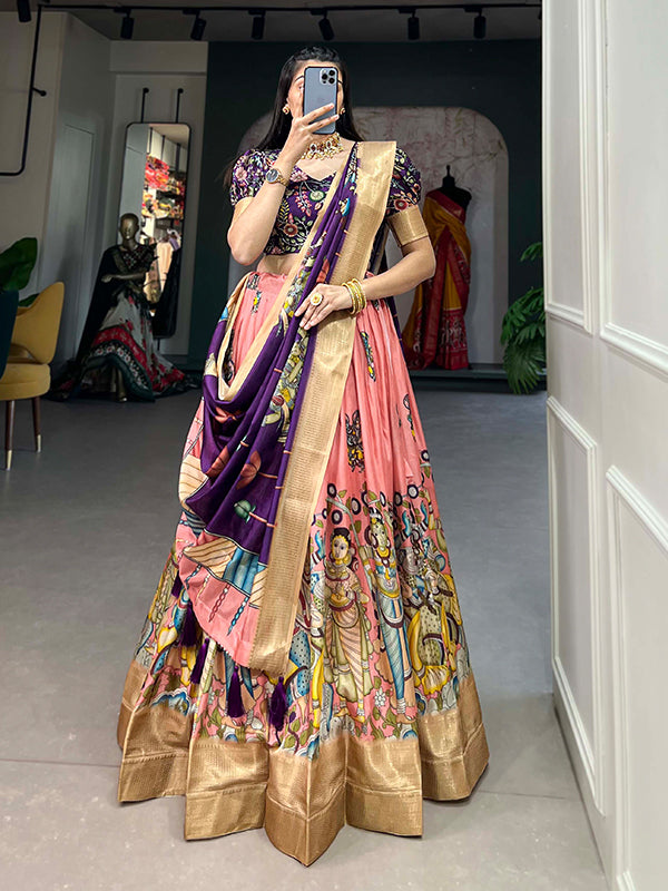 Peach Kalamkari Print Silk Lehenga Choli With Dupatta