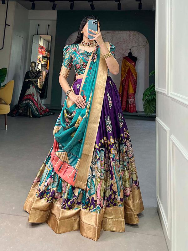 Purple Kalamkari Print Silk Lehenga Choli With Dupatta