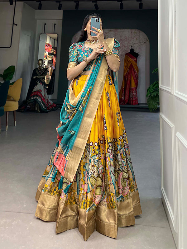 Yellow Kalamkari Print Silk Lehenga Choli With Dupatta