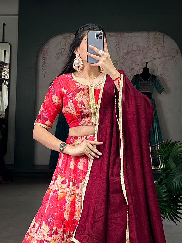 Red Floral Printed Silk Lehenga Choli With Dupatta