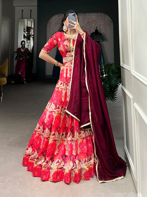 Red Floral Printed Silk Lehenga Choli With Dupatta