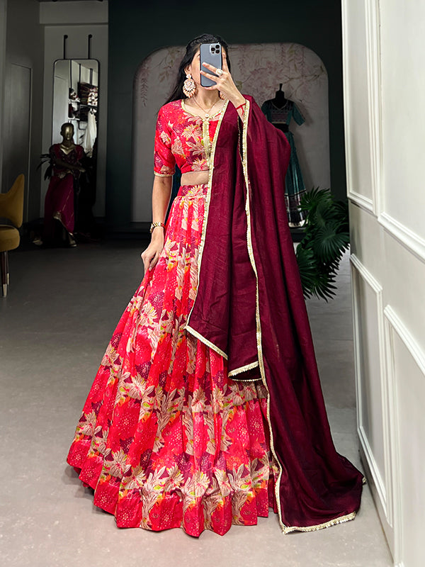 Red Floral Printed Silk Lehenga Choli With Dupatta